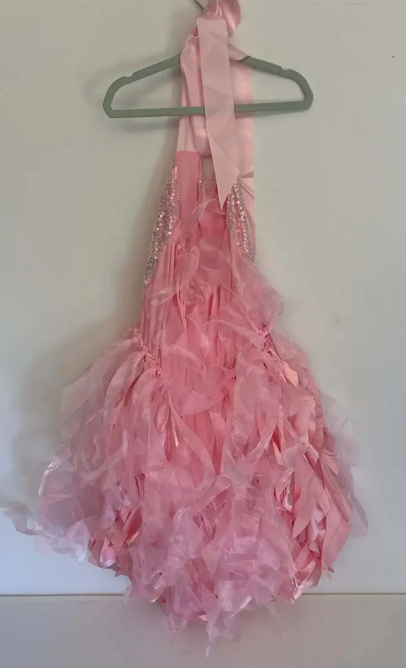 Girls Pink Sequin Halter Ruffle Tutu Dance Costume